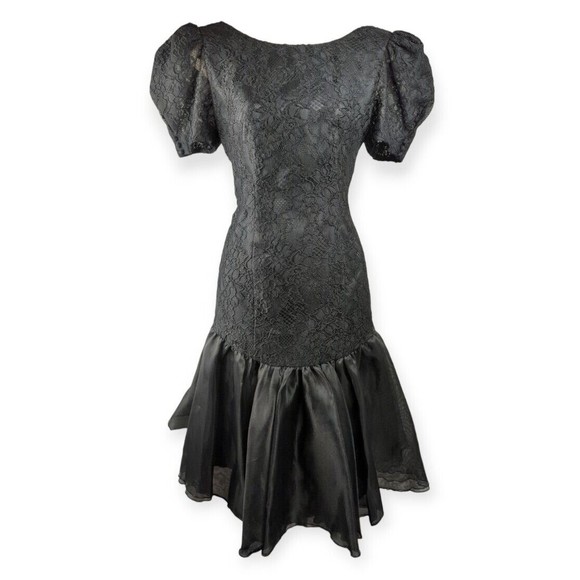 Sainte Neige Vintage 80s Dress Black Lace Mermaid Trumpet Satin Shoulder  Pad M L